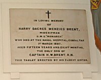 Memorial to Midshipman HDM Brent